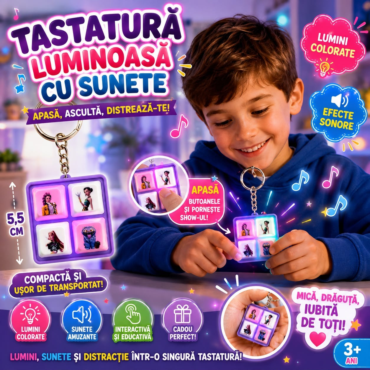 Breloc Antistres Tastatură cu Lumini și Sunete, 4 Butoane Interactive, Mov