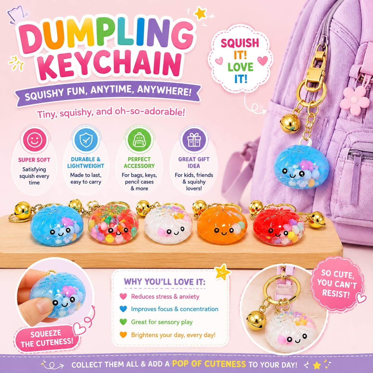 Breloc Dumpling Kawaii pentru Chei și Ghiozdan, Model Colorat, Aleatoriu