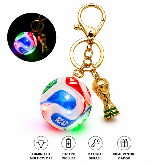 Breloc Minge de Fotbal cu Lumini LED Multicolore și Trofeu – Accesoriu pentru Chei