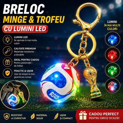 Breloc Minge de Fotbal cu Lumini LED Multicolore și Trofeu, Baterii Incluse, Accesoriu pentru Chei