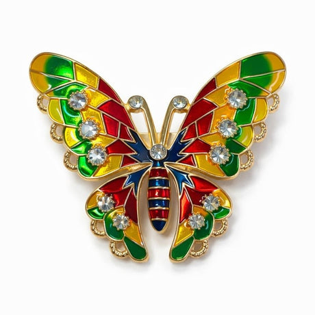 Brosa fluture 5x5 cm, finisaj auriu cu pietre sau email colorat, cadou primavara elegant