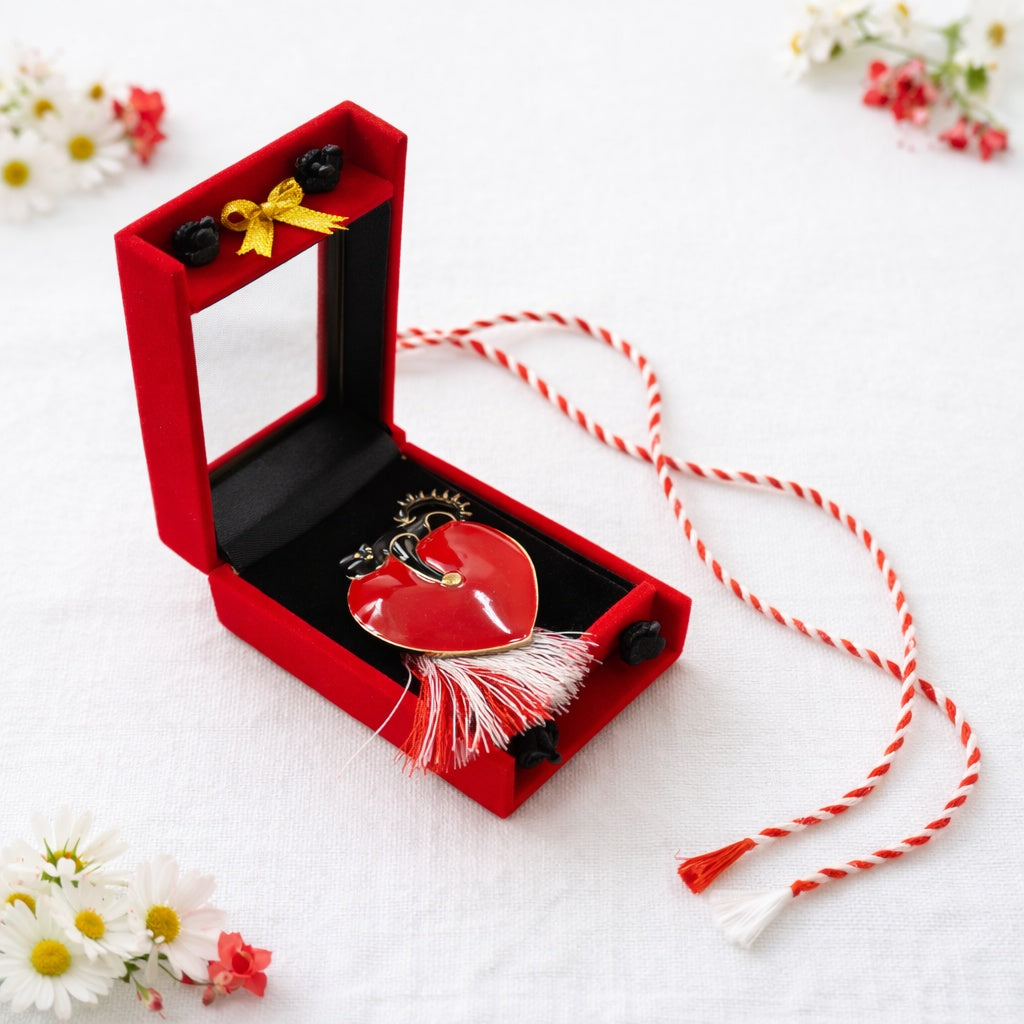 Brosa Inima Martisor cu Pisica Neagra si in Cutie Eleganta