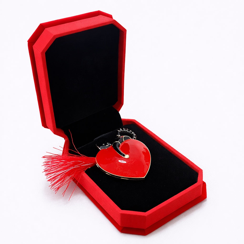 Brosa Inima Rosie Martisor cu Strasuri Negre in Cutie Luxury