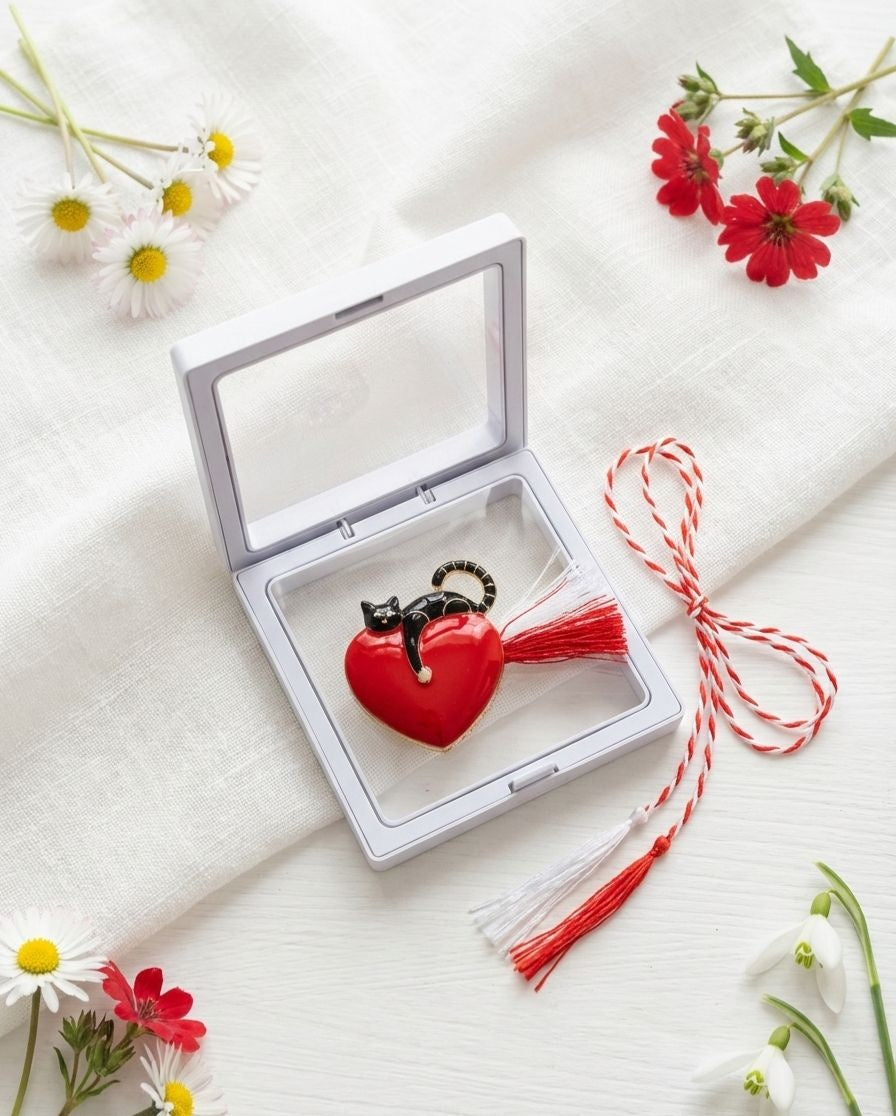 Brosa Martisor 5 cm, Inima cu pisica, in cutie 9x9 cm cu fereastra, cadou 1 Martie