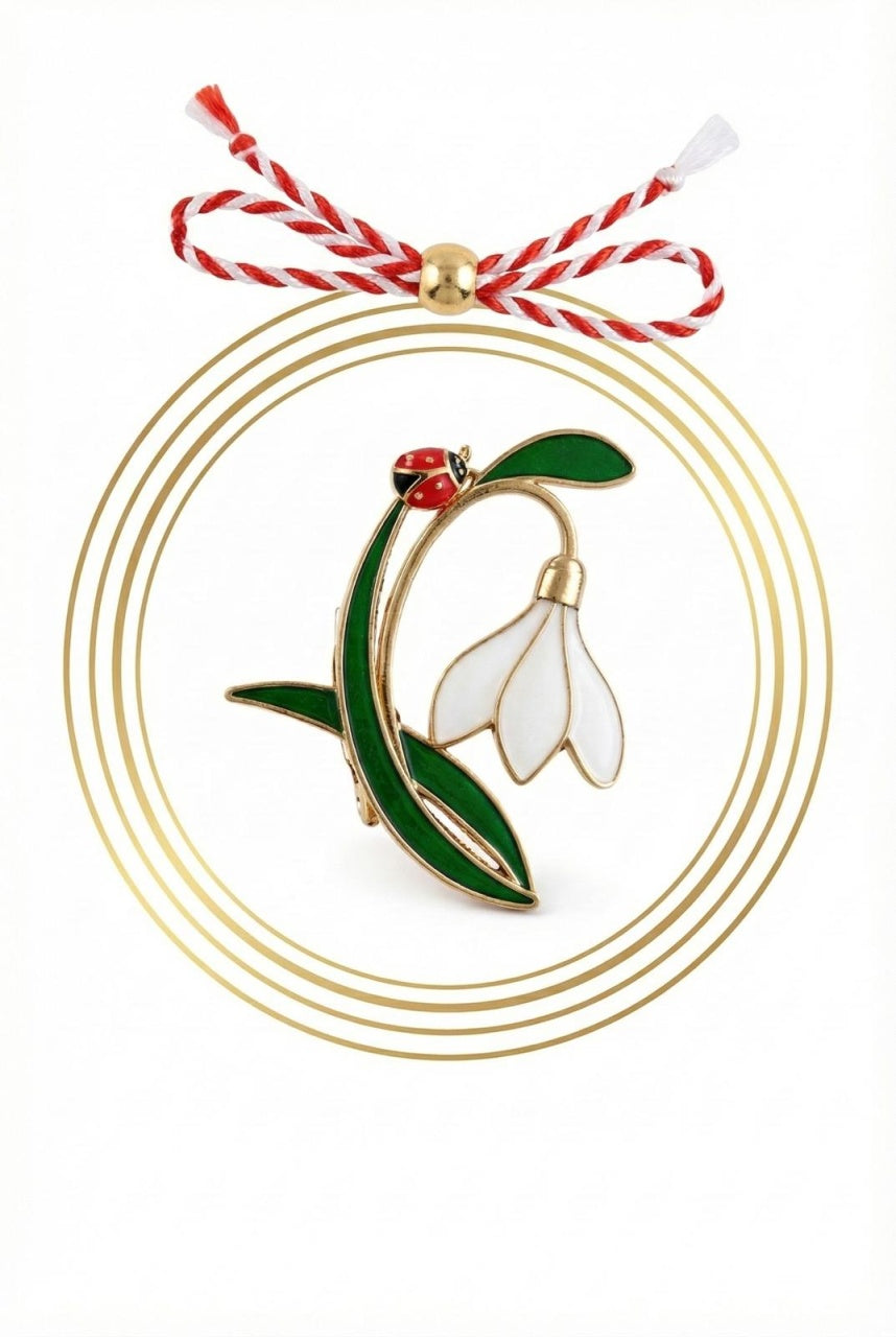 Brosa Martisor Ghiocel Buburuza Noroc 5x4cm, Aurie