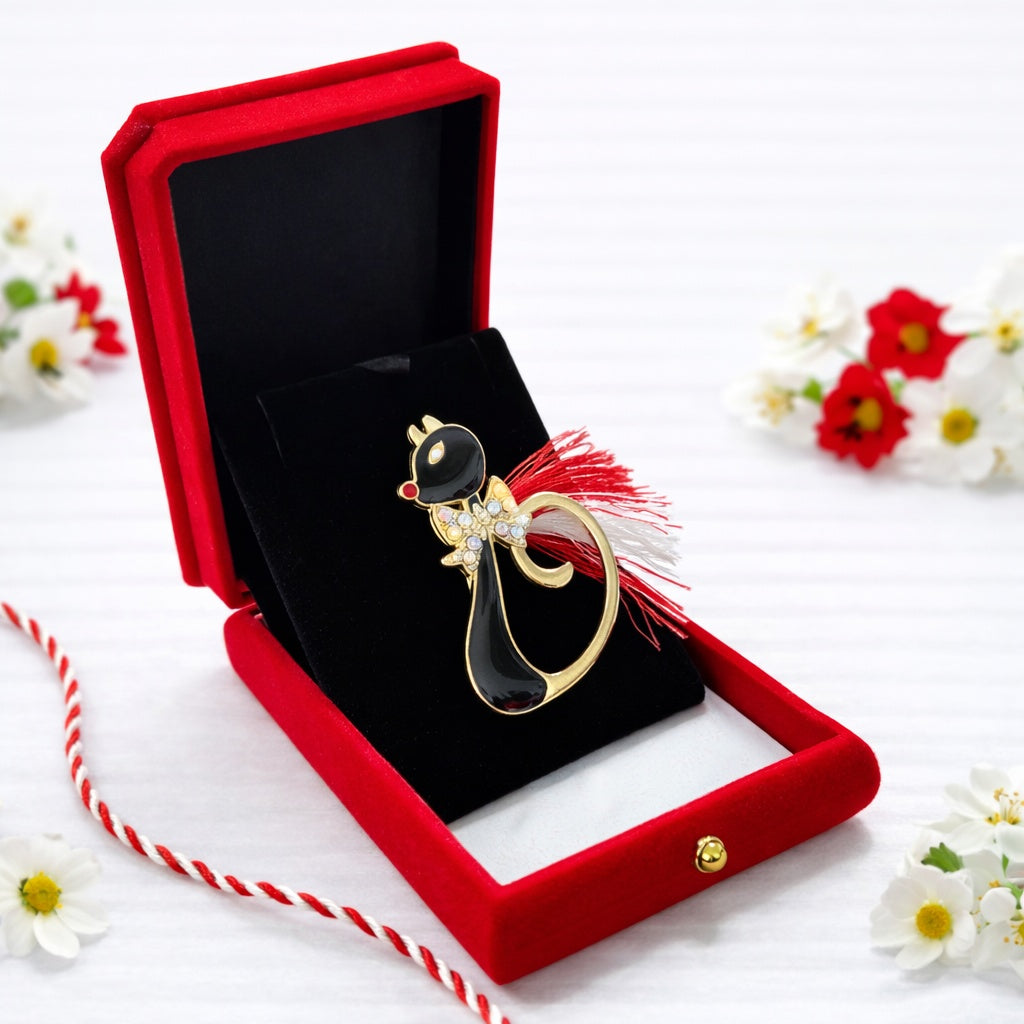 Brosa Martisor Pisica Neagra cu Strasuri, Accesoriu Elegant de Primavara
