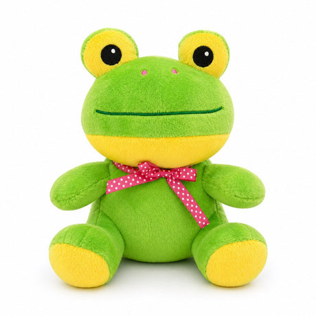 Broscuta de plus 21cm verde cu papion rosu, jucarie moale copii