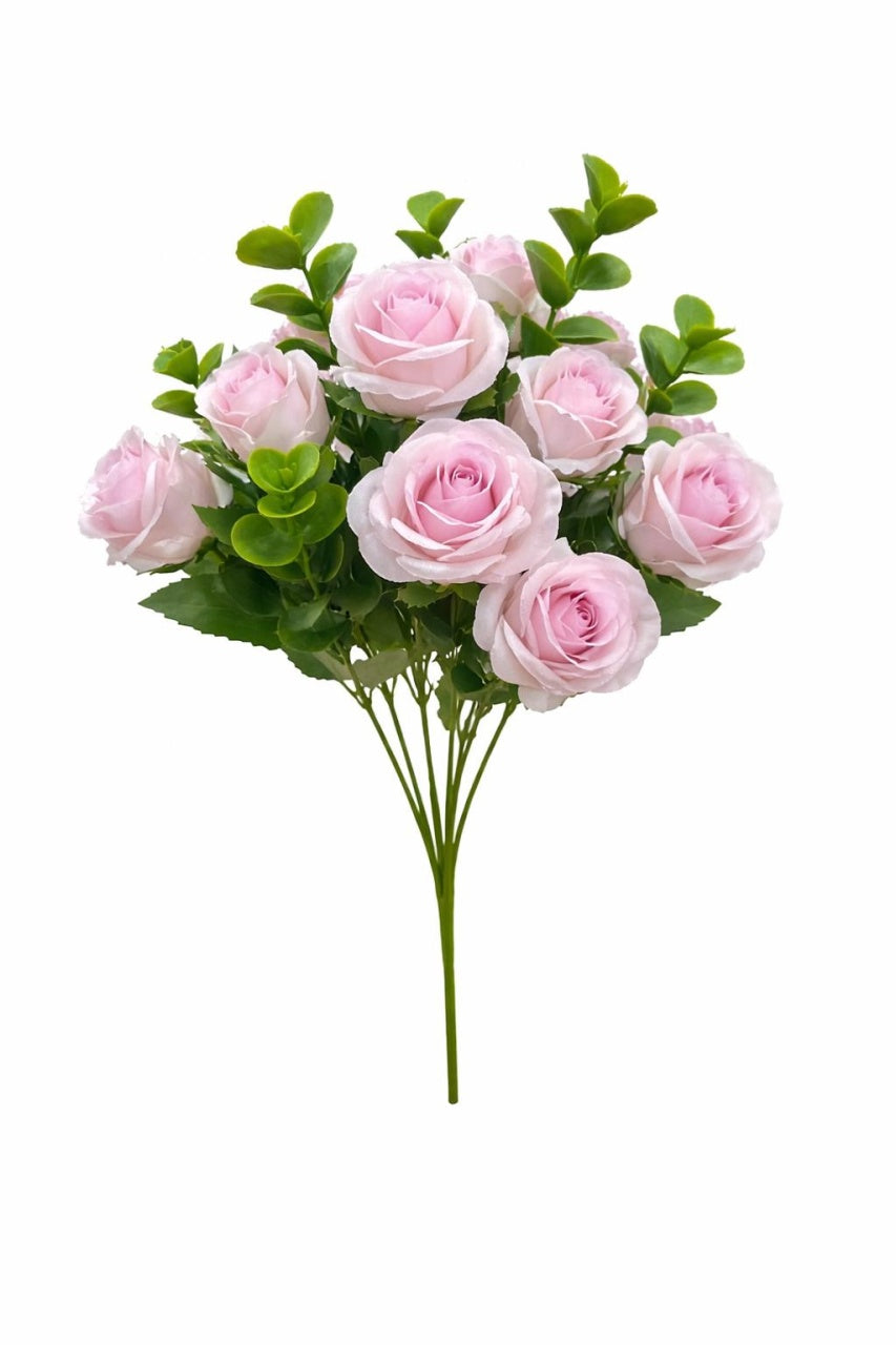 Buchet 11 trandafiri artificiali lila delicat, frunze si eucalipt decorativ, 30cm