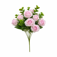 Buchet 11 trandafiri artificiali lila delicat, frunze si eucalipt decorativ, 30cm