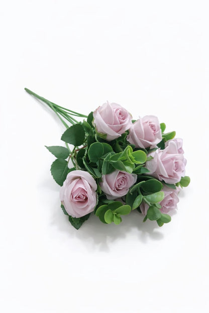 Buchet 11 trandafiri artificiali lila delicat, frunze si eucalipt decorativ, 30cm