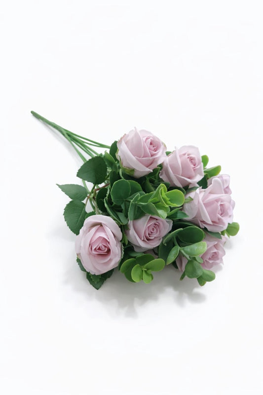 Buchet 11 trandafiri artificiali lila delicat, frunze si eucalipt decorativ, 30cm