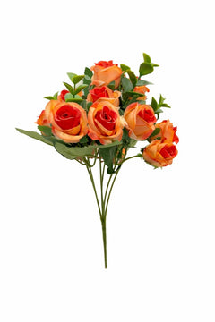 Buchet 11 trandafiri artificiali portocaliu, frunze si eucalipt decorativ, 30cm