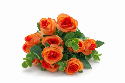 Buchet 11 trandafiri artificiali portocaliu, frunze si eucalipt decorativ, 30cm