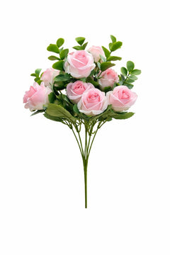 Buchet 11 trandafiri artificiali roz pal, frunze si eucalipt decorativ, 30cm