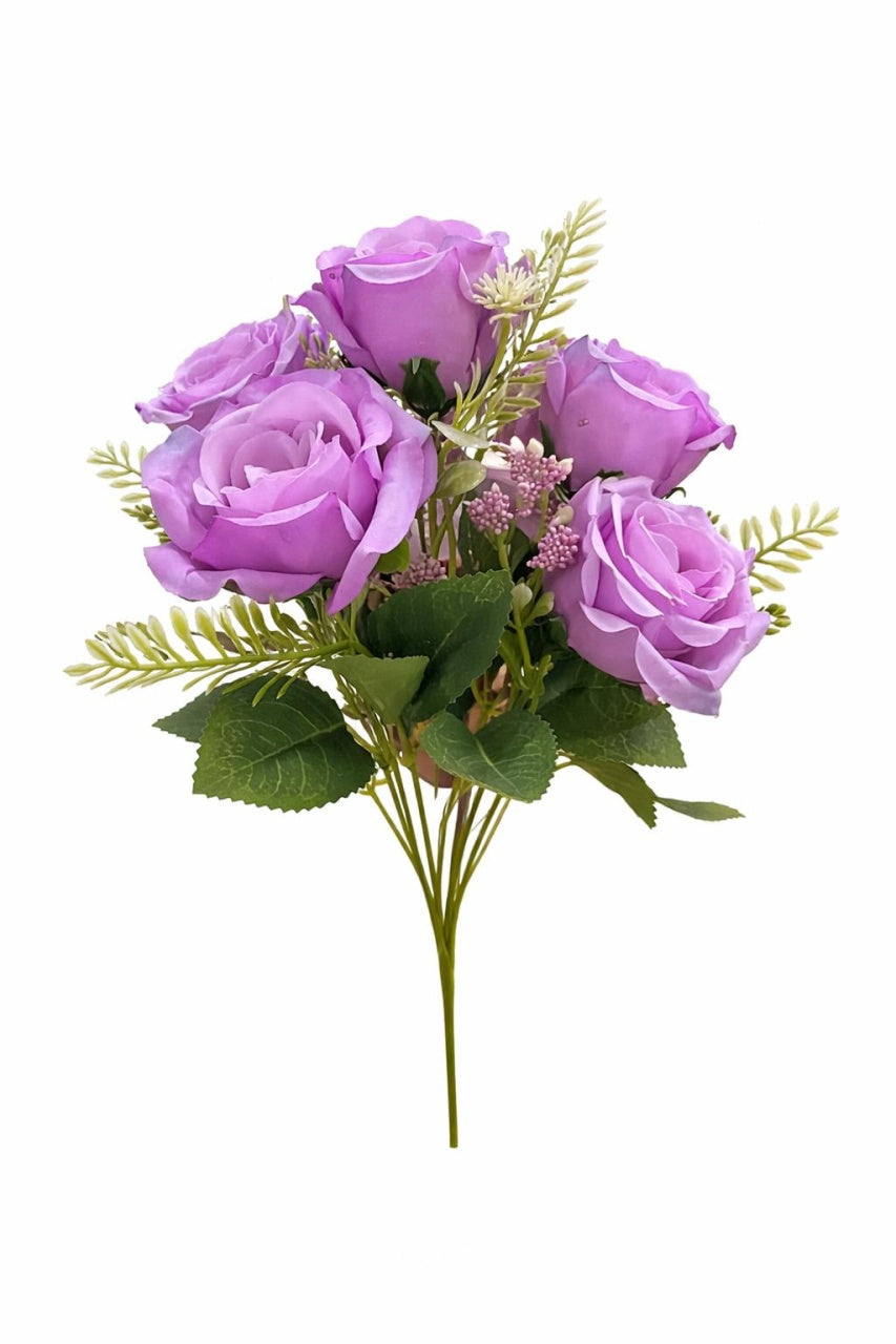 Buchet 5 trandafiri artificiali lila cu frunze si boboci decorativi 30cm