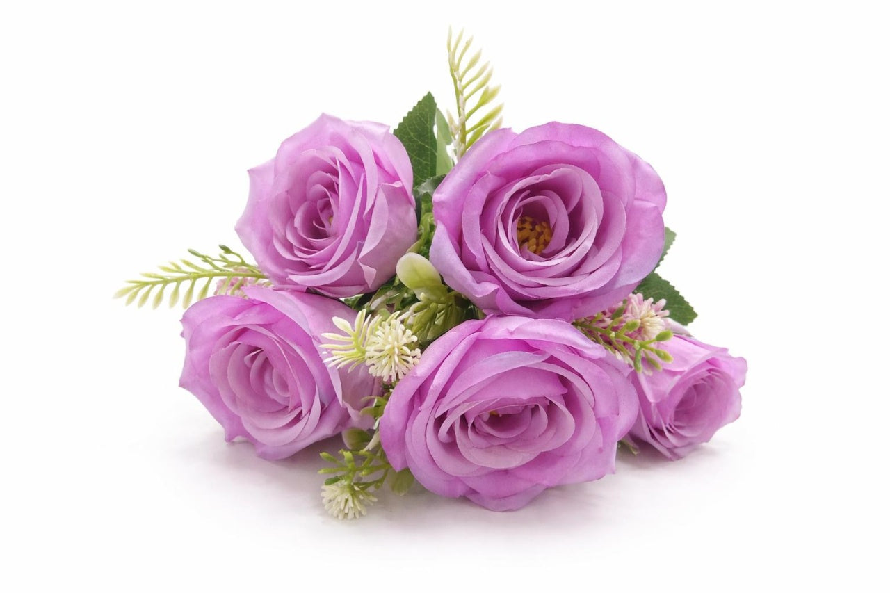 Buchet 5 trandafiri artificiali lila cu frunze si boboci decorativi 30cm