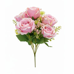 Buchet 5 trandafiri artificiali roz pal in nuante crem cu frunze decorative 30cm