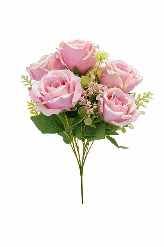 Buchet 5 trandafiri artificiali roz pal in nuante crem cu frunze decorative 30cm