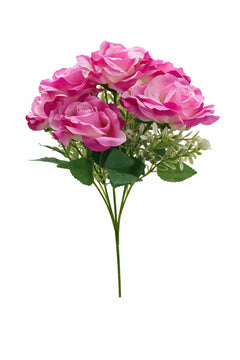 Buchet 7 trandafiri artificiali crem cu lila, frunze si boboci decorativi 30cm