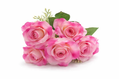 Buchet 7 trandafiri artificiali crem cu lila, frunze si boboci decorativi 30cm