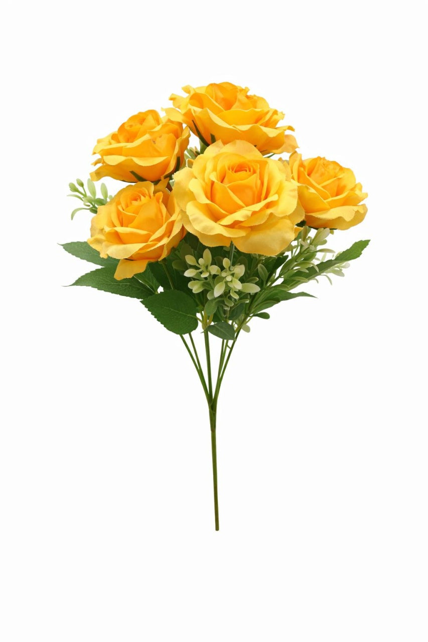 Buchet 7 trandafiri artificiali galben intens, frunze si boboci decorativi 30cm