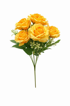 Buchet 7 trandafiri artificiali galben intens, frunze si boboci decorativi 30cm