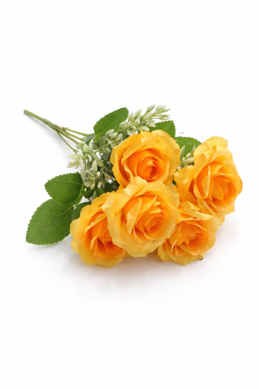 Buchet 7 trandafiri artificiali galben intens, frunze si boboci decorativi 30cm