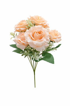 Buchet 7 trandafiri artificiali nuanta piersica delicata, frunze si boboci decorativi 30cm