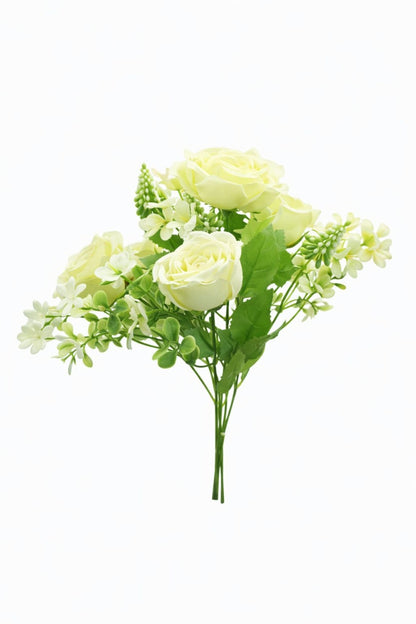 Buchet artificial 4 trandafiri albi cu flori albe decorative