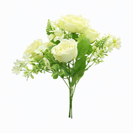 Buchet artificial 4 trandafiri albi cu flori albe decorative