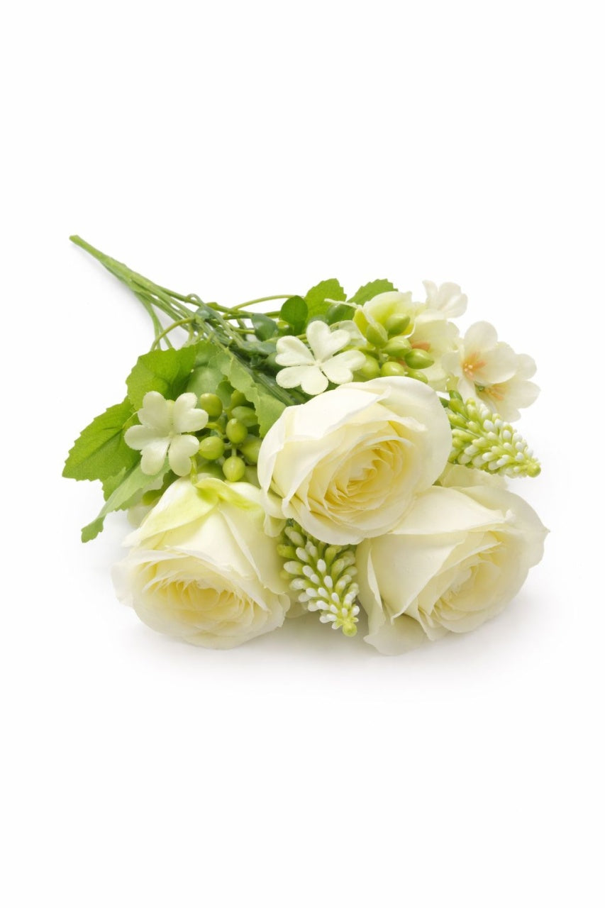 Buchet artificial 4 trandafiri albi cu flori albe decorative