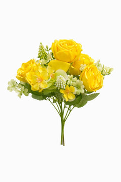 Buchet artificial 4 trandafiri galbeni cu flori albe decorative