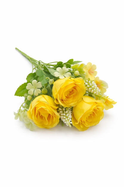 Buchet artificial 4 trandafiri galbeni cu flori albe decorative