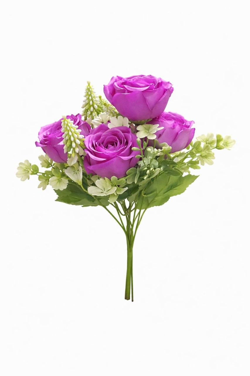 Buchet artificial 4 trandafiri mov cu flori albe decorative
