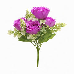 Buchet artificial 4 trandafiri mov cu flori albe decorative