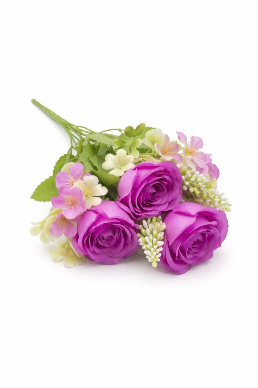 Buchet artificial 4 trandafiri mov cu flori albe decorative