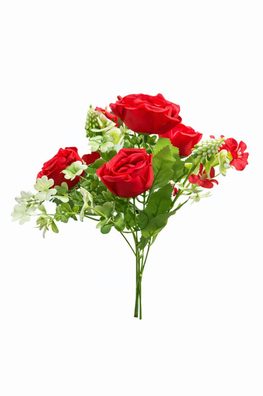 Buchet artificial 4 trandafiri rosii cu flori albe decorative