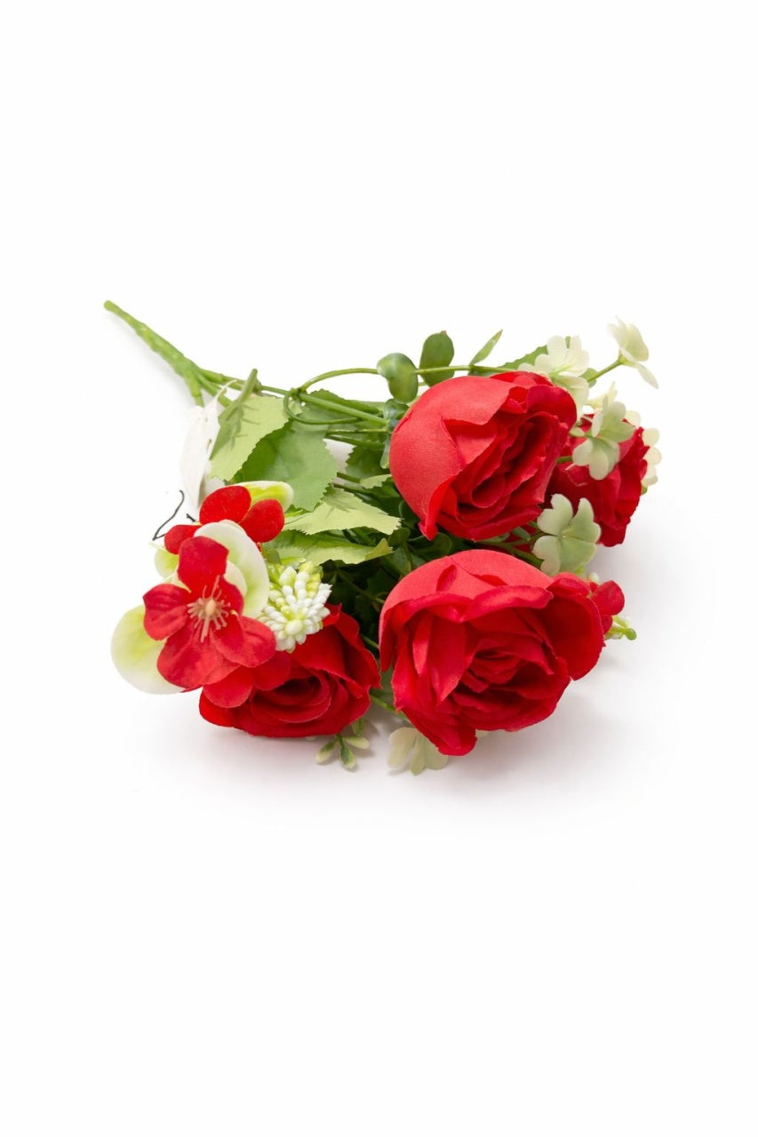Buchet artificial 4 trandafiri rosii cu flori albe decorative