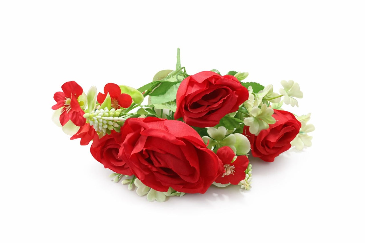 Buchet artificial 4 trandafiri rosii cu flori albe decorative