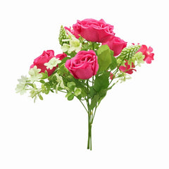 Buchet artificial 4 trandafiri roz cu flori albe decorative