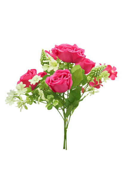 Buchet artificial 4 trandafiri roz cu flori albe decorative