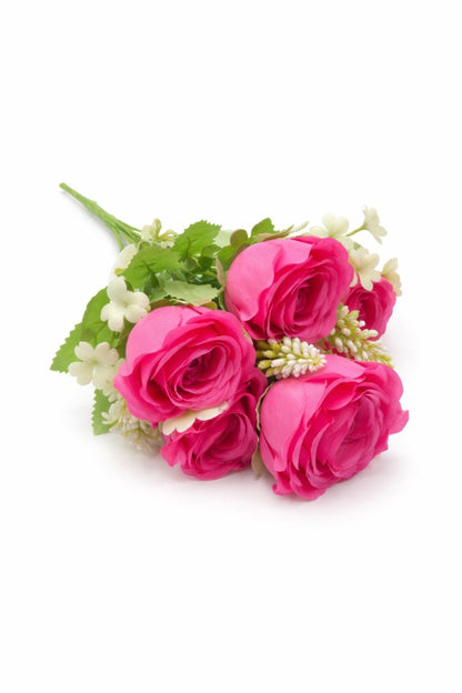Buchet artificial 4 trandafiri roz cu flori albe decorative