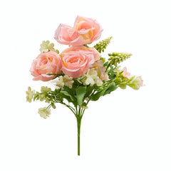 Buchet artificial 4 trandafiri roz pal cu flori albe decorative