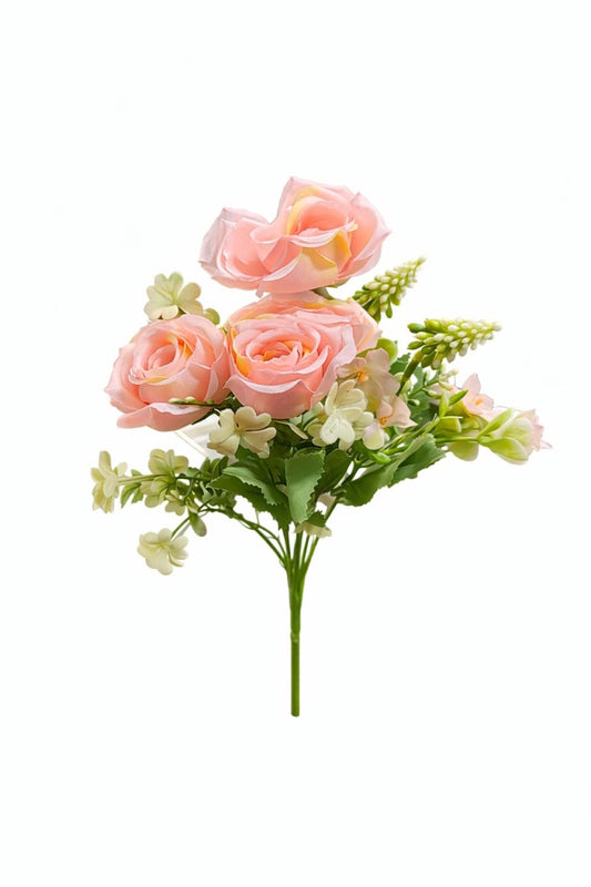 Buchet artificial 4 trandafiri roz pal cu flori albe decorative