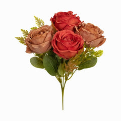 Buchet artificial 5 trandafiri si camelie aramiu cu maro, boboci decorativi, 30cm