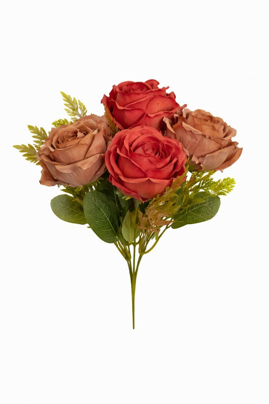 Buchet artificial 5 trandafiri si camelie aramiu cu maro, boboci decorativi, 30cm
