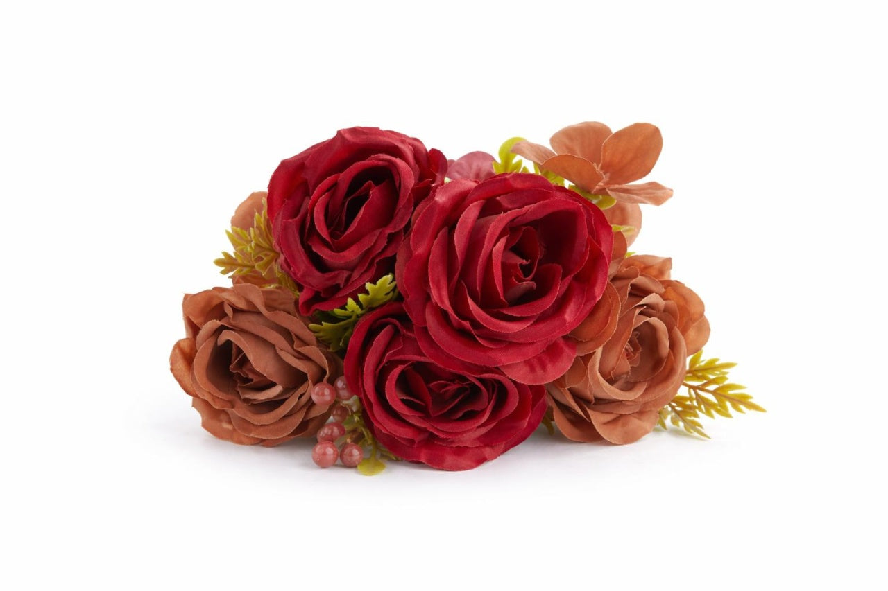 Buchet artificial 5 trandafiri si camelie aramiu cu maro, boboci decorativi, 30cm