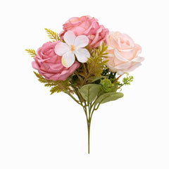 Buchet artificial 5 trandafiri si camelie crem cu roz delicat, boboci decorativi, 30cm