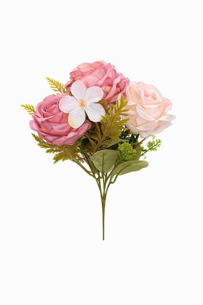 Buchet artificial 5 trandafiri si camelie crem cu roz delicat, boboci decorativi, 30cm