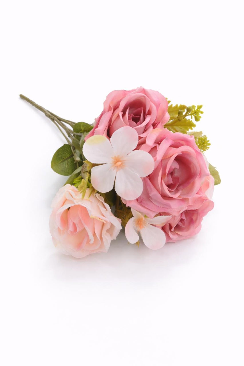 Buchet artificial 5 trandafiri si camelie crem cu roz delicat, boboci decorativi, 30cm